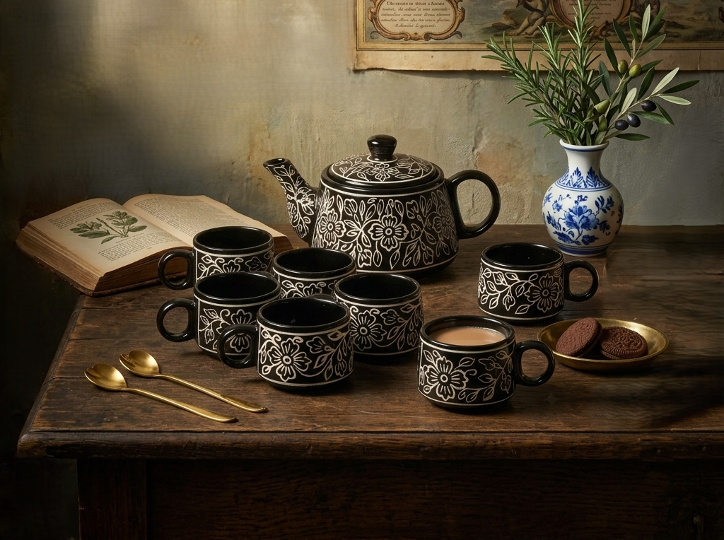 YOUD Premium Ceramic 6 Tea Set with 1 Kettle | Classic Design