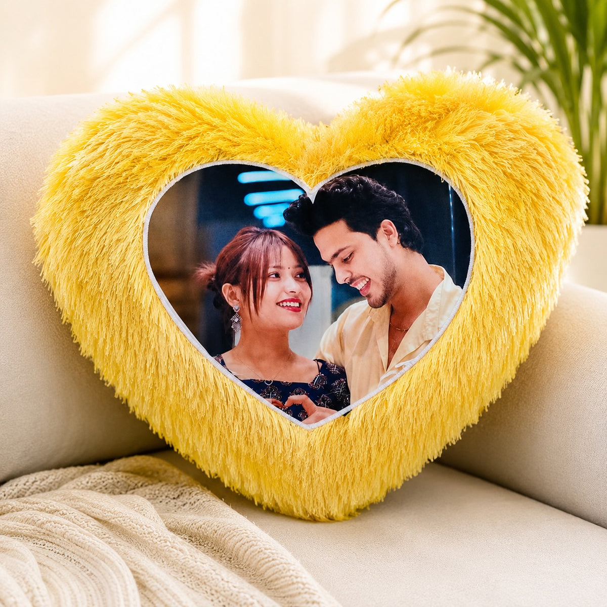 YOUD Yellow Fur Heart-Shaped Cushion with Customized Photo Print