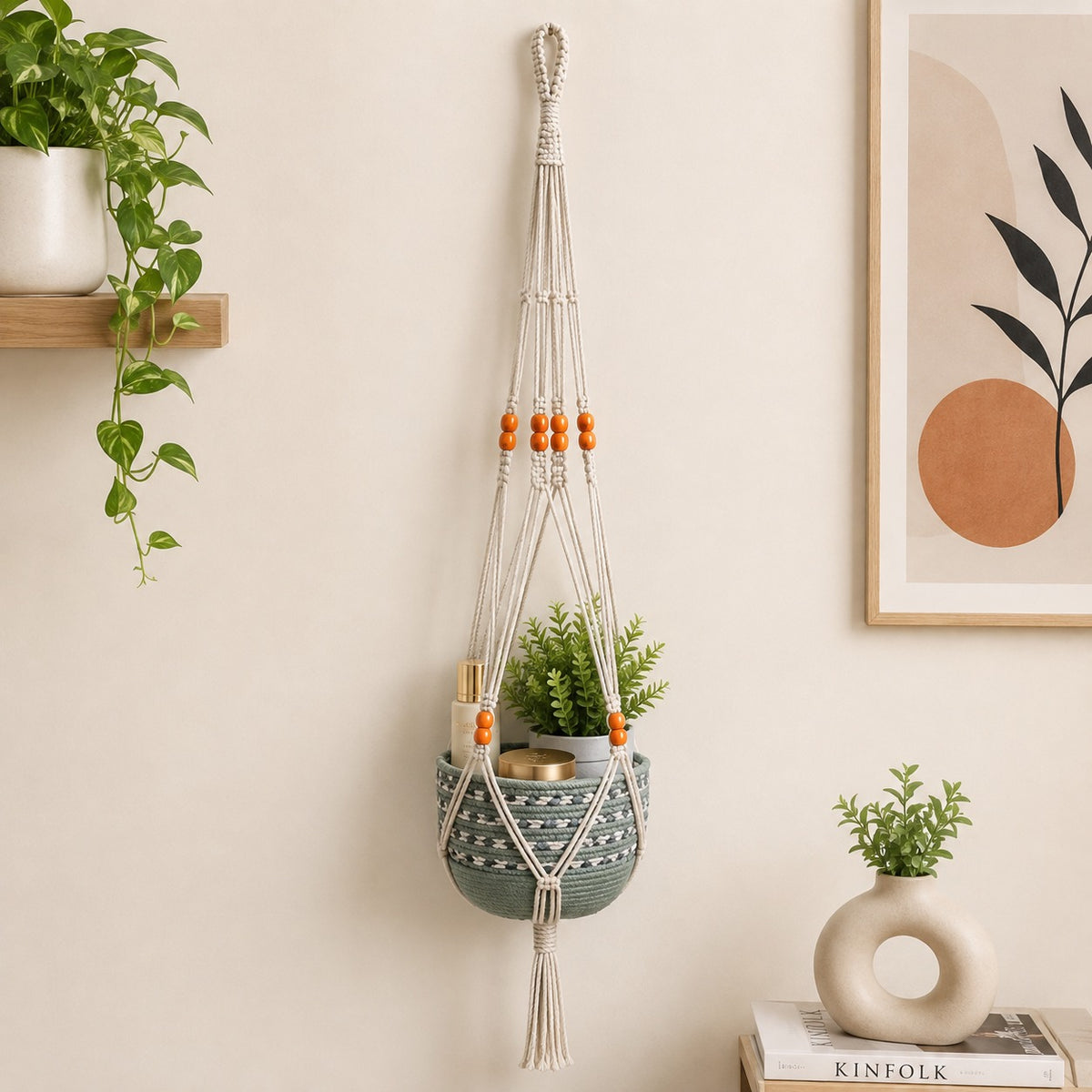 Youd Hanging Planter Basket with Yellow Accent Beads