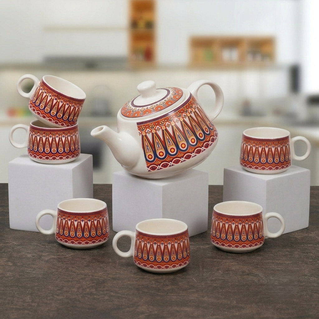 YOUD Premium Ceramic 6 Tea Cup Set with 1 Kettle | Ceramic Cups with Pot