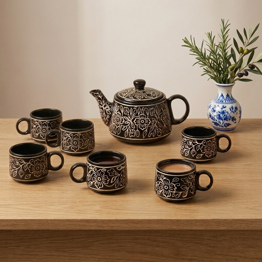 YOUD Premium Ceramic 6 Tea Set with 1 Kettle | Classic Design