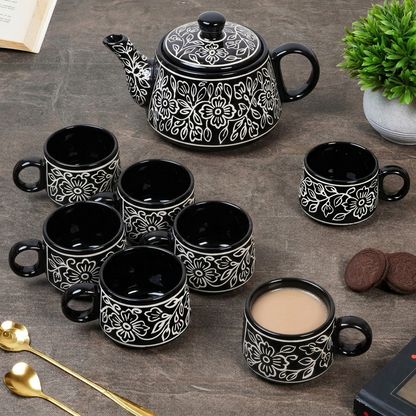 YOUD Premium Ceramic 6 Tea Set with 1 Kettle | Classic Design