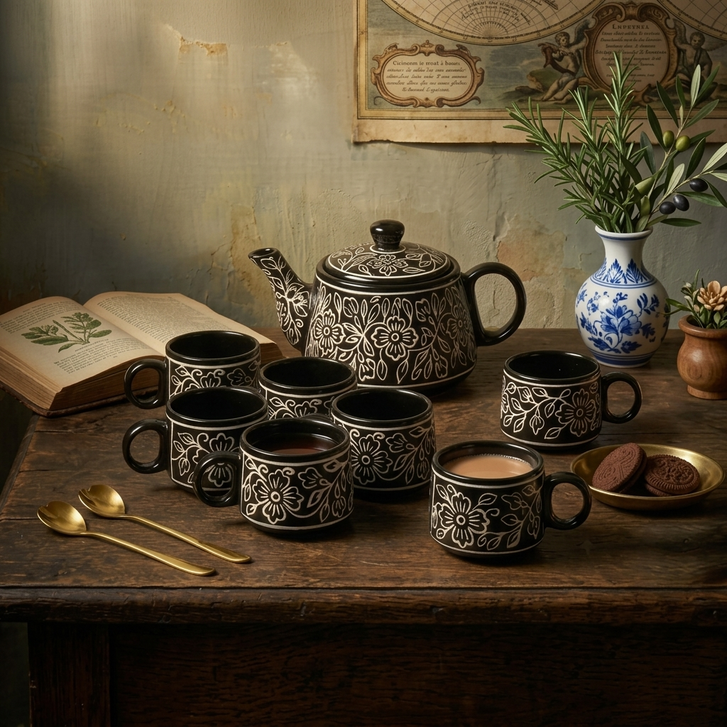 YOUD Premium Ceramic 6 Tea Set with 1 Kettle | Classic Design