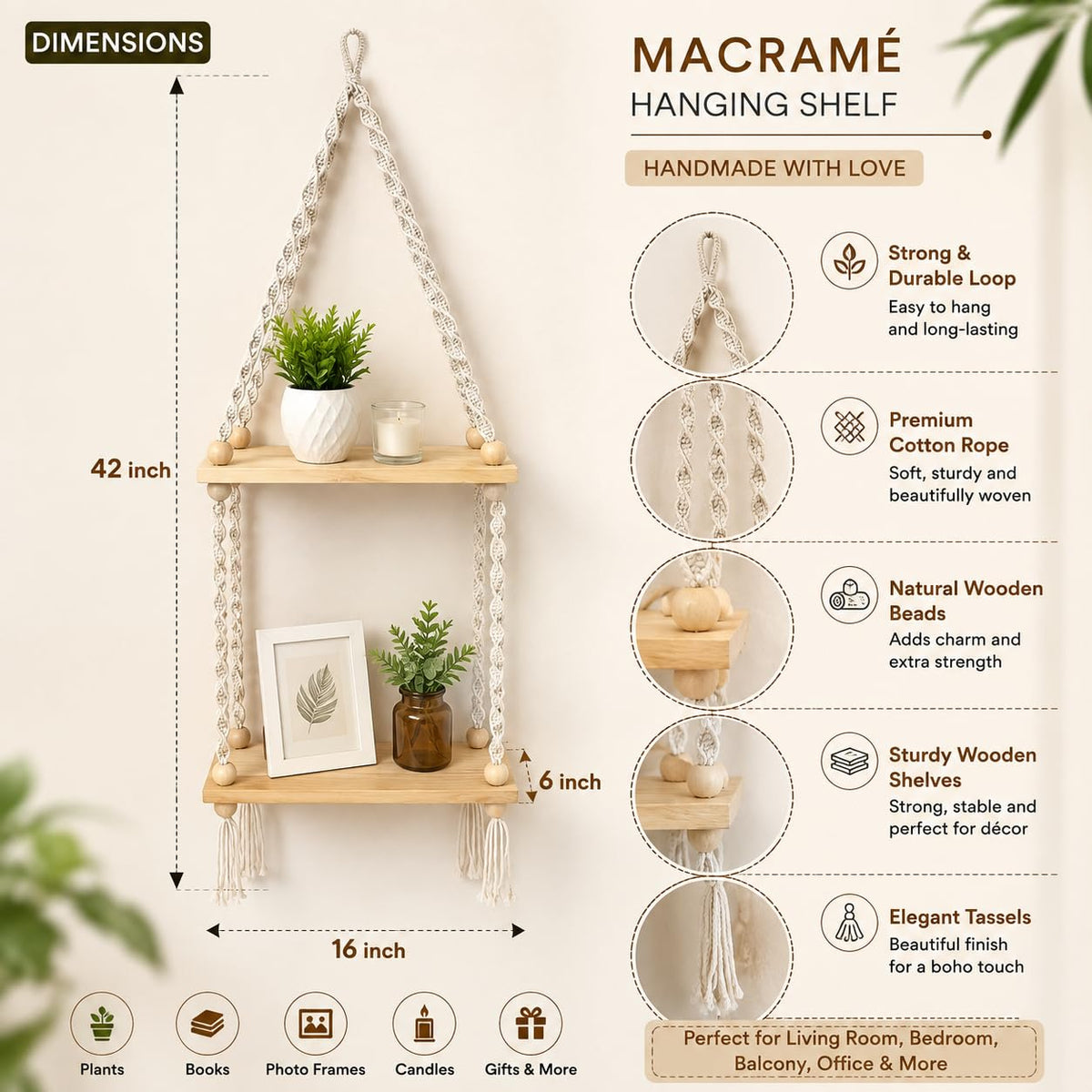 YOUD Plant Hanging Shelf with Wooden Rope | Use for Home Decor & Gift
