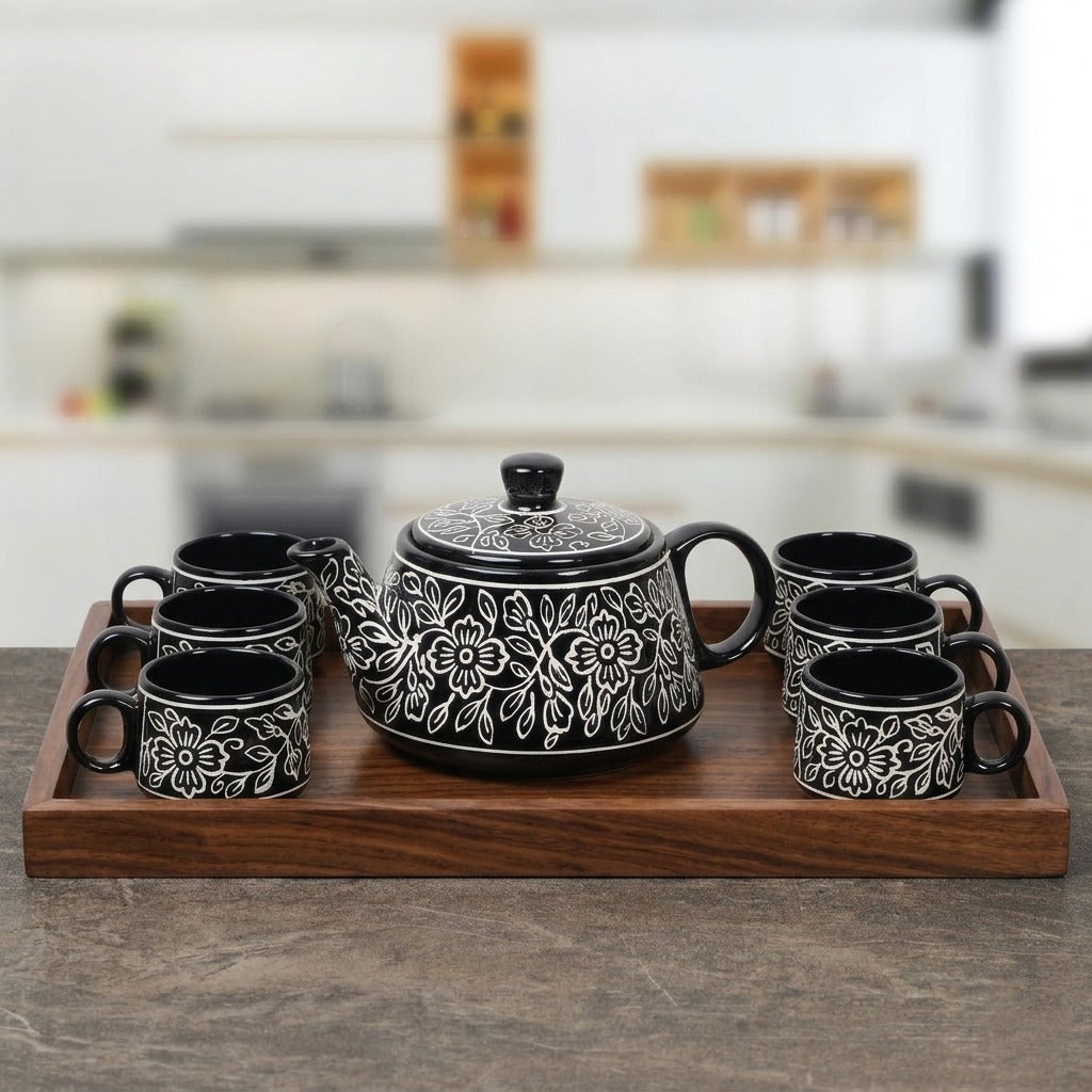 YOUD Premium Ceramic 6 Tea Set with 1 Kettle | Classic Design