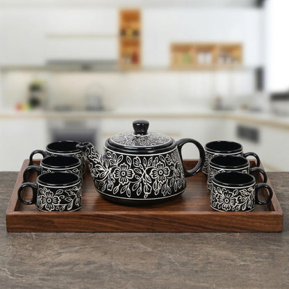 YOUD Premium Ceramic 6 Tea Set with 1 Kettle | Classic Design