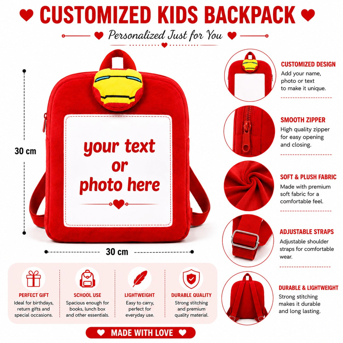 YOUD Kids Customized School Bag with Custom Photo & Name