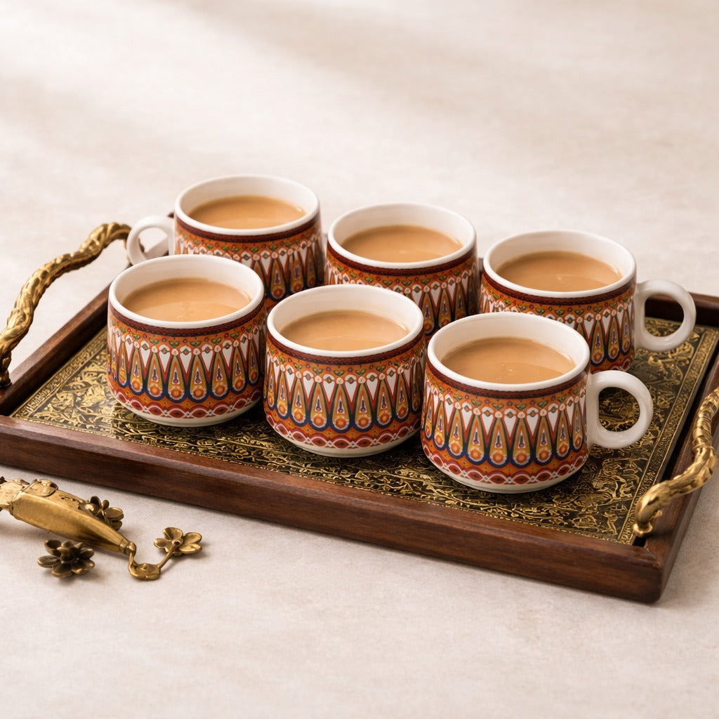 YOUD Red and Blue Patterned Ceramic Tea/Coffee Cup Set 6