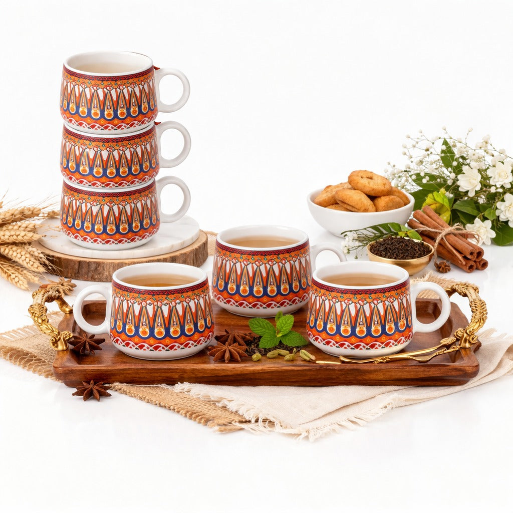YOUD Red and Blue Patterned Ceramic Tea/Coffee Cup Set 6