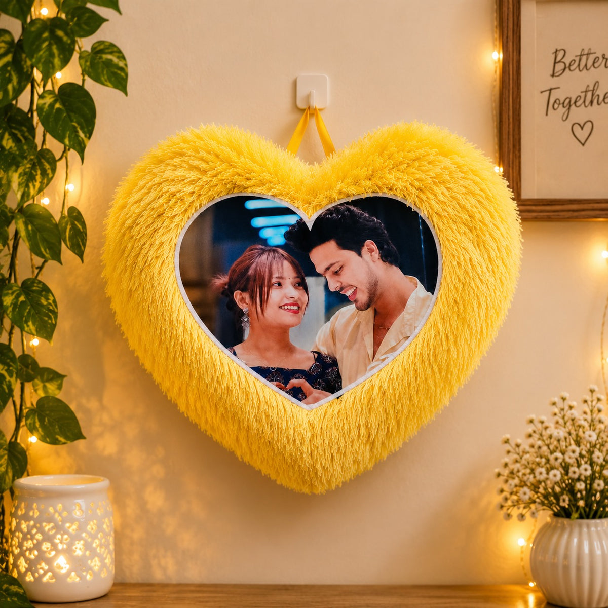 YOUD Yellow Fur Heart-Shaped Cushion with Customized Photo Print