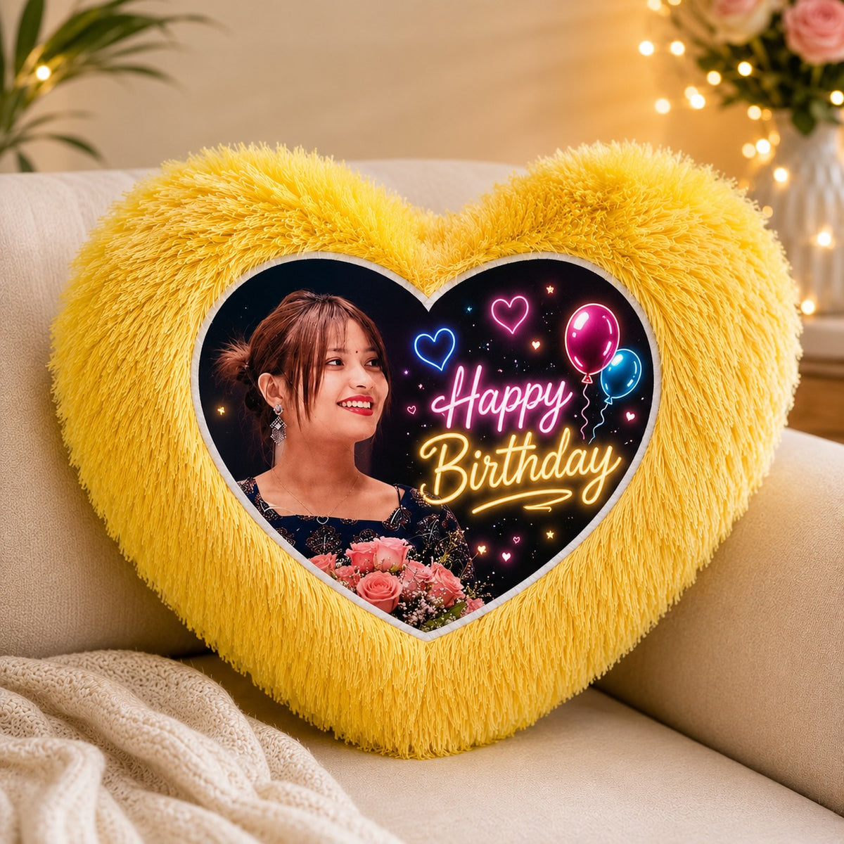 YOUD Yellow Fur Heart-Shaped Cushion with Customized Photo Print
