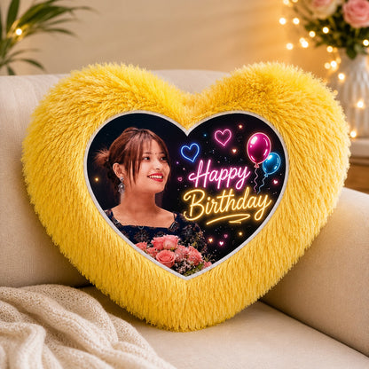 YOUD Yellow Fur Heart-Shaped Cushion with Customized Photo Print