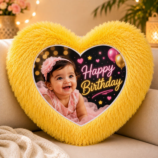 YOUD Yellow Fur Heart-Shaped Cushion with Customized Photo Print
