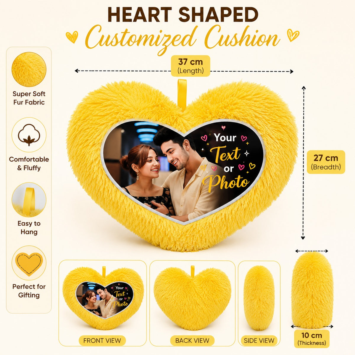 YOUD Yellow Fur Heart-Shaped Cushion with Customized Photo Print