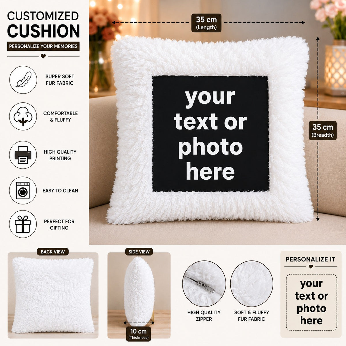 Youd Premium Square White Fur Photo Cushion