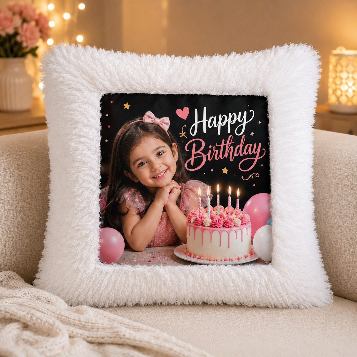 Youd Premium Square White Fur Photo Cushion
