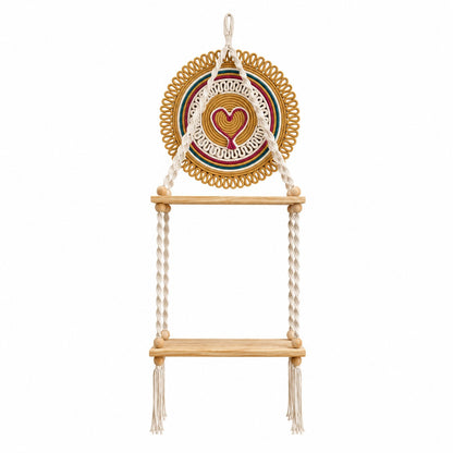 Youd Wooden Floating Hanging Shelf with Round Woven Wall Art