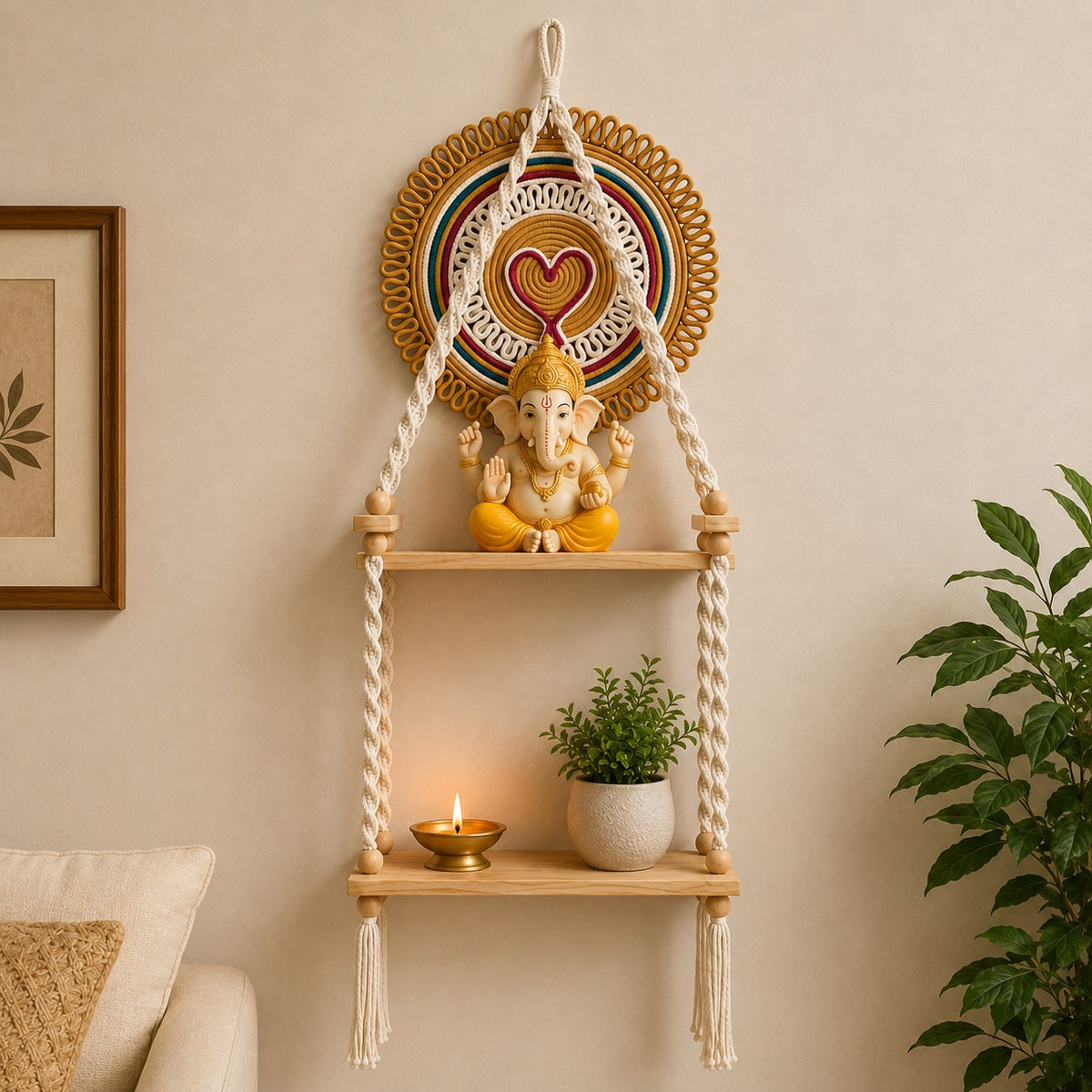 Youd Wooden Floating Hanging Shelf with Round Woven Wall Art