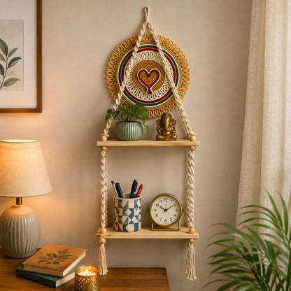 Youd Wooden Floating Hanging Shelf with Round Woven Wall Art