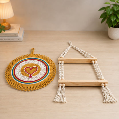Youd Wooden Floating Hanging Shelf with Round Woven Wall Art
