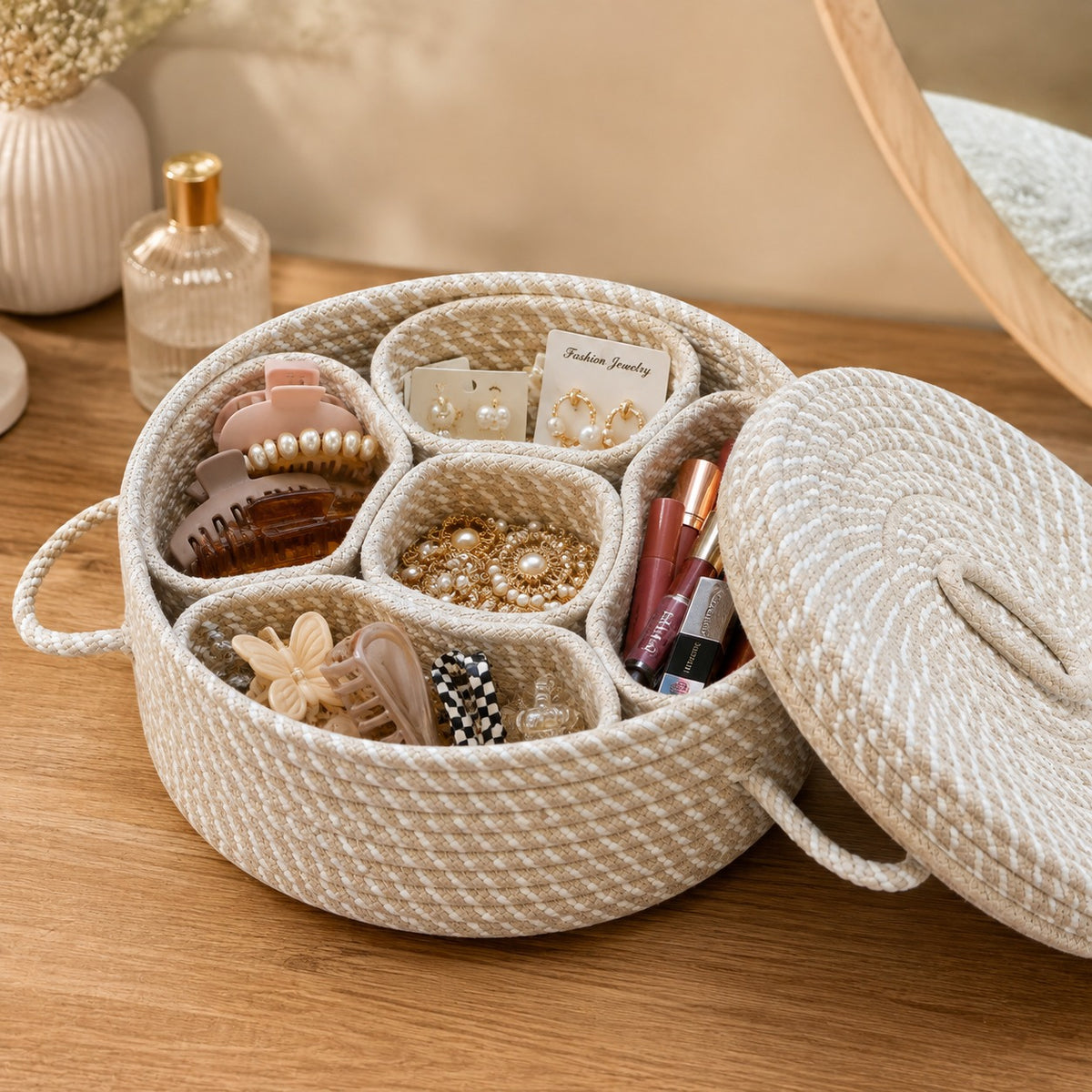 Youd Round Cotton Rope Serving Box with Removable Dividers