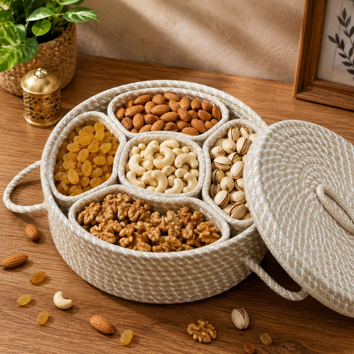 Youd Round Cotton Rope Serving Box with Removable Dividers
