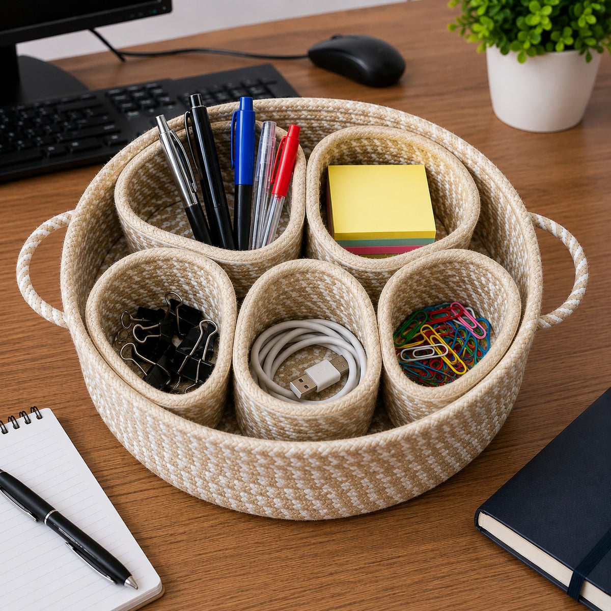 Youd Round Cotton Rope Serving Box with Removable Dividers