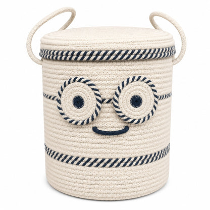 Youd Cute Animated Glasses Face Cotton Rope Basket with Lid