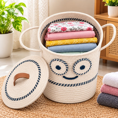 Youd Cute Animated Glasses Face Cotton Rope Basket with Lid