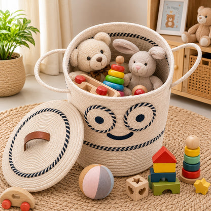 Youd Cute Animated Glasses Face Cotton Rope Basket with Lid