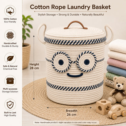 Youd Cute Animated Glasses Face Cotton Rope Basket with Lid