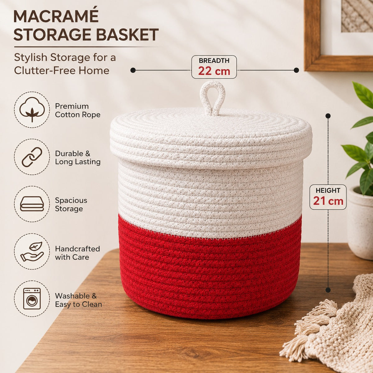 Youd Dual-Tone Red & White Woven Cotton Rope Basket with Lid