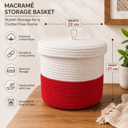 Youd Dual-Tone Red & White Woven Cotton Rope Basket with Lid