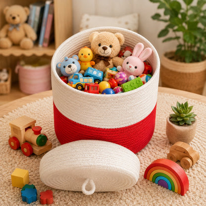 Youd Dual-Tone Red & White Woven Cotton Rope Basket with Lid