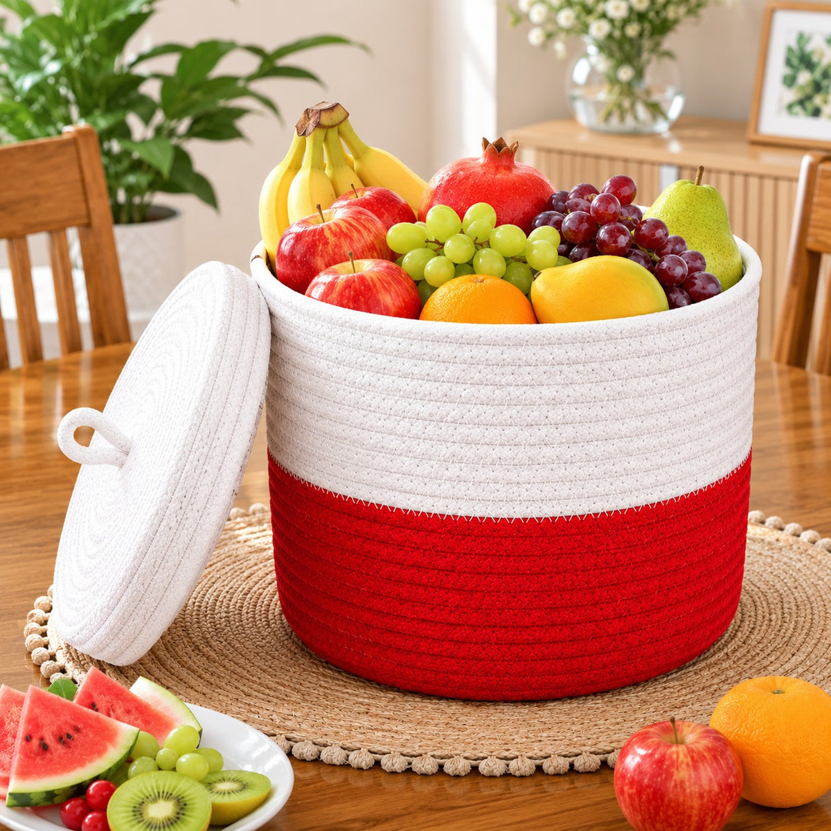 Youd Dual-Tone Red & White Woven Cotton Rope Basket with Lid