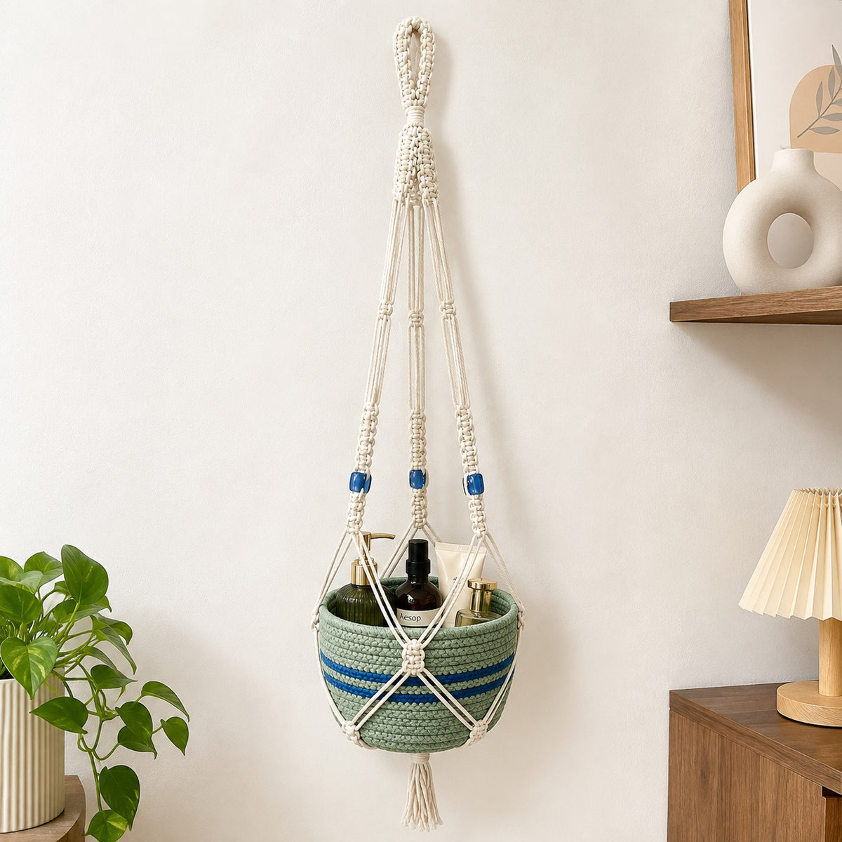 Youd Hanging Planter Basket with Blue Accent Beads