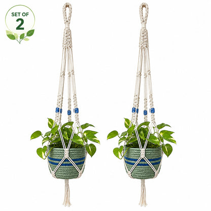 Youd Set of 2 Hanging Planters with Blue Accent Beads