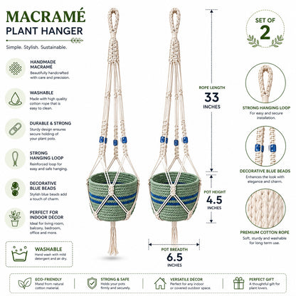 Youd Set of 2 Hanging Planters with Blue Accent Beads