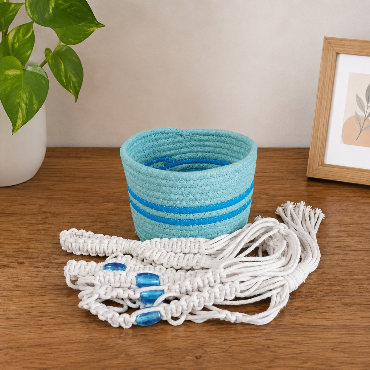 Youd Hanging Planter Basket with Blue Accent Beads
