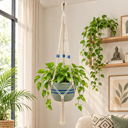 Youd Hanging Planter Basket with Blue Accent Beads
