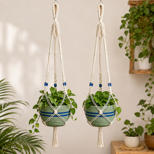Youd Set of 2 Hanging Planters with Blue Accent Beads