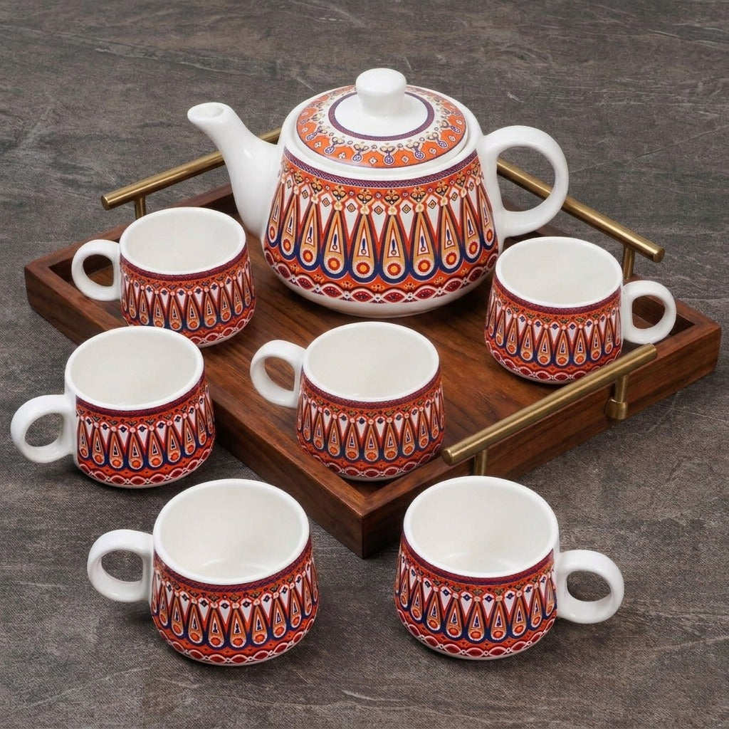 YOUD Premium Ceramic 6 Tea Cup Set with 1 Kettle | Ceramic Cups with Pot