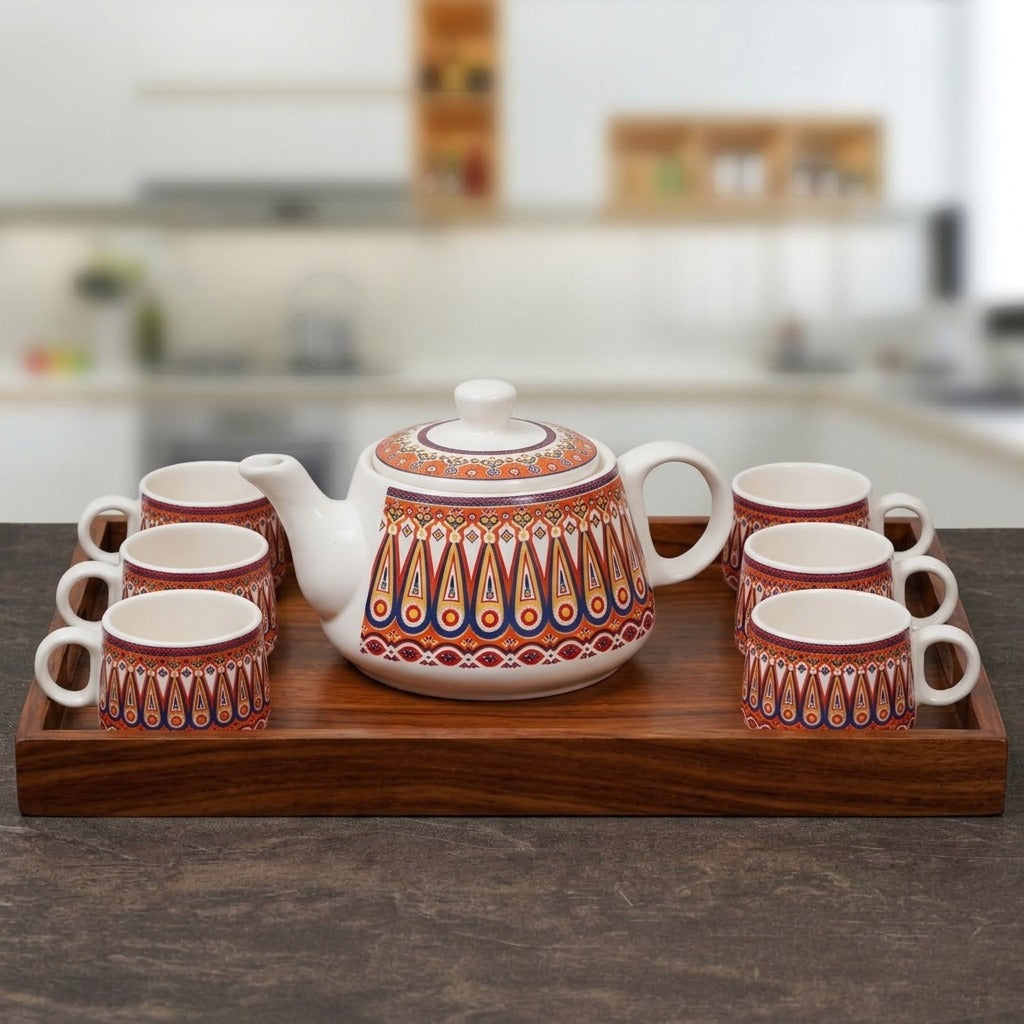 YOUD Premium Ceramic 6 Tea Cup Set with 1 Kettle | Ceramic Cups with Pot