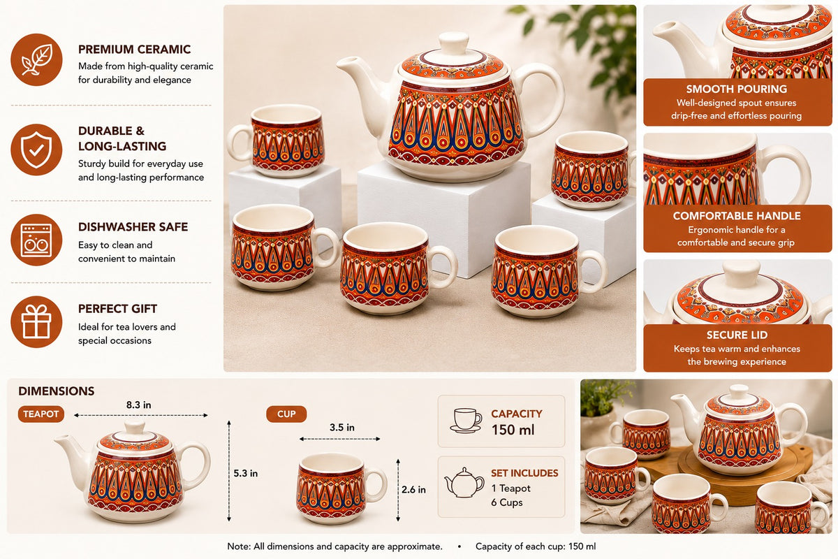 YOUD Premium Ceramic 6 Tea Cup Set with 1 Kettle | Ceramic Cups with Pot