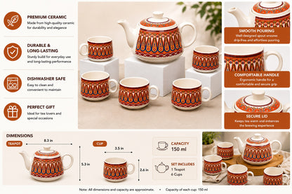 YOUD Premium Ceramic 6 Tea Cup Set with 1 Kettle | Ceramic Cups with Pot