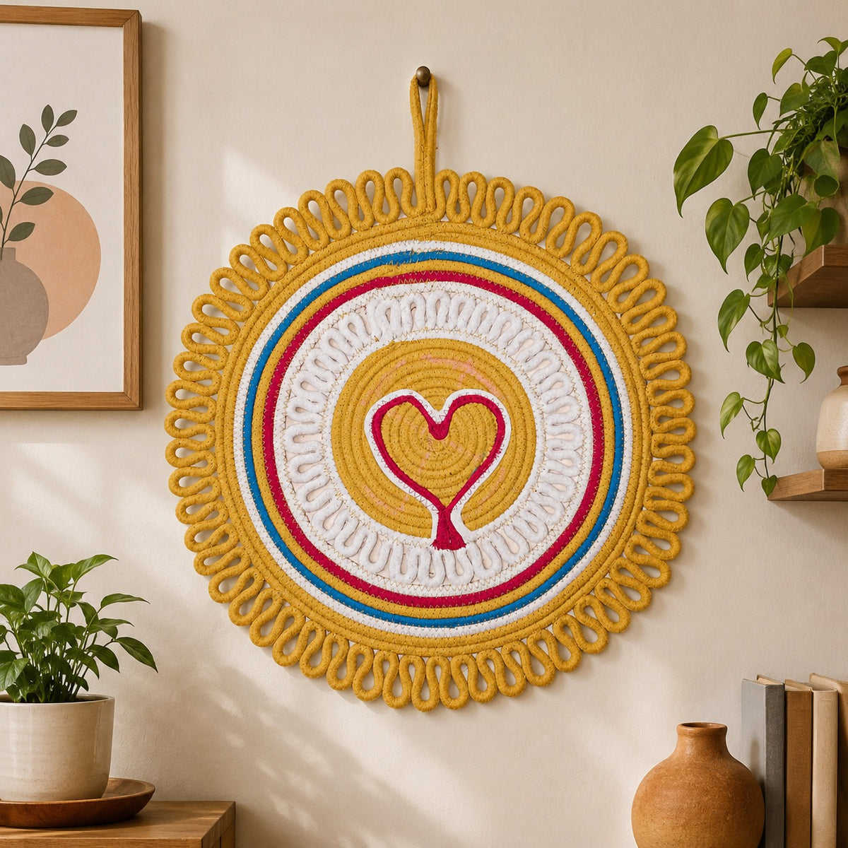 Youd Wooden Floating Hanging Shelf with Round Woven Wall Art