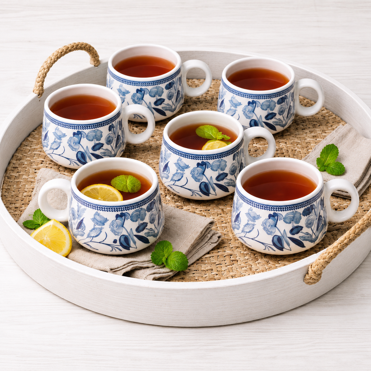 YOUD Blue and White Floral Ceramic Tea/Coffee Cup Set 6