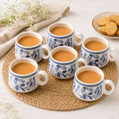 YOUD Blue and White Floral Ceramic Tea/Coffee Cup Set 6