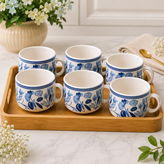 YOUD Blue and White Floral Ceramic Tea/Coffee Cup Set 6