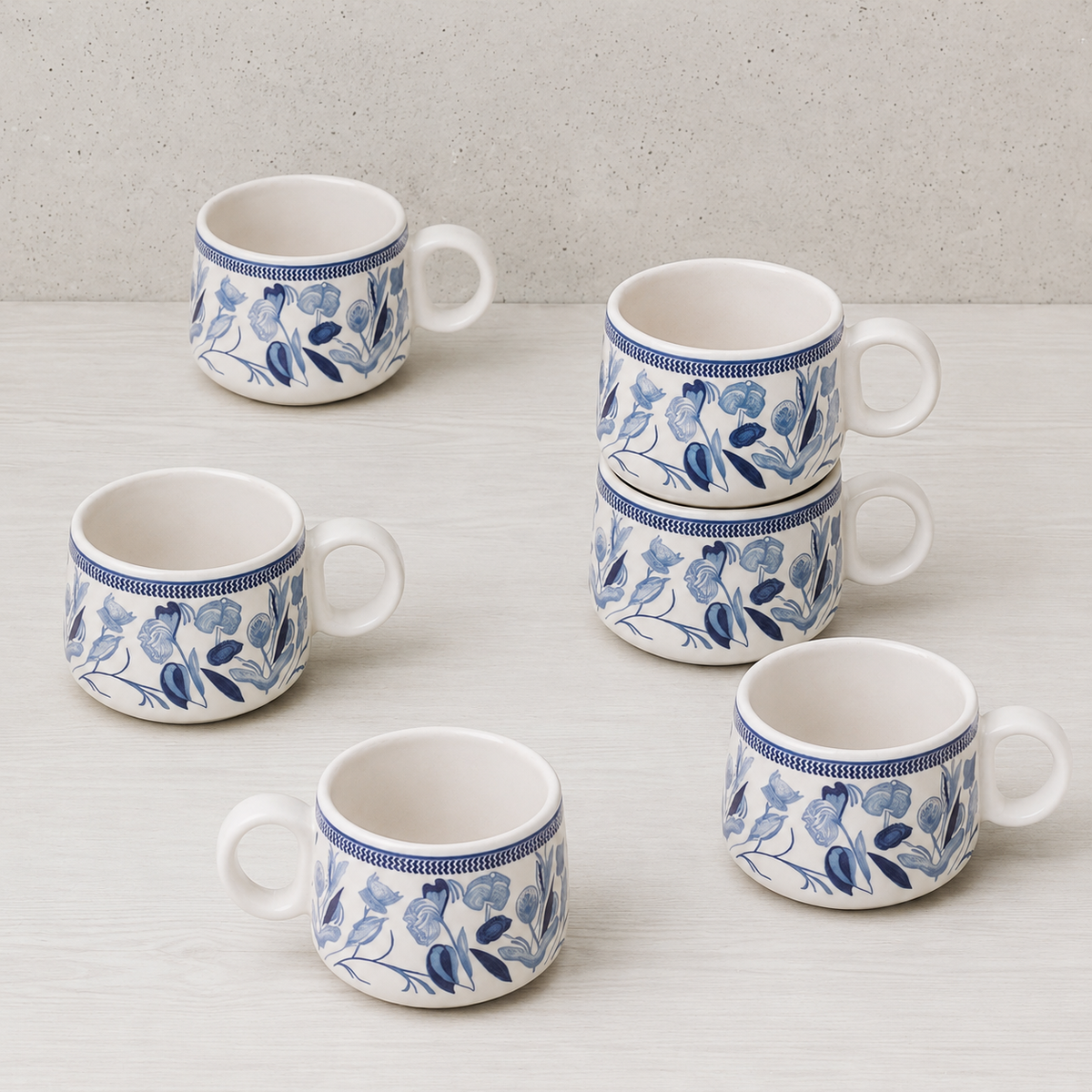 YOUD Blue and White Floral Ceramic Tea/Coffee Cup Set 6